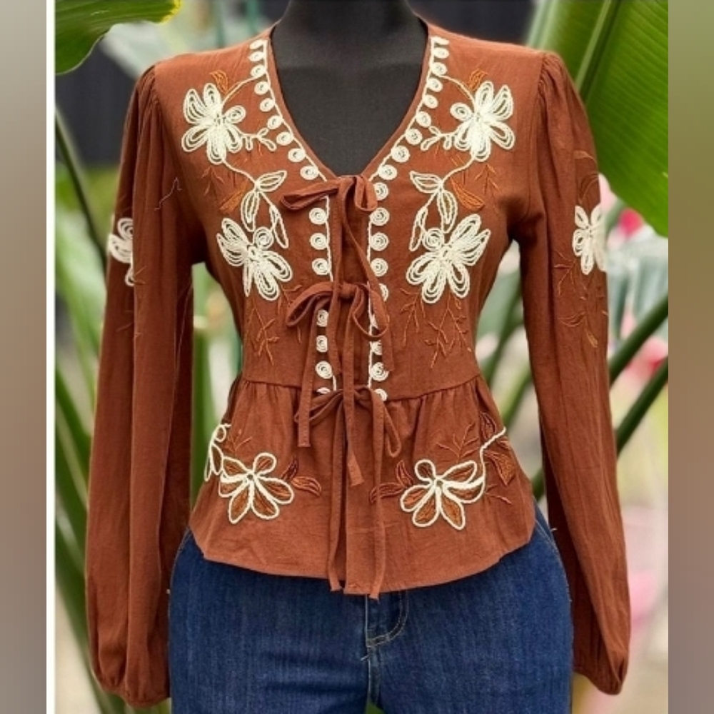Floral Embroidered Brown Blouse